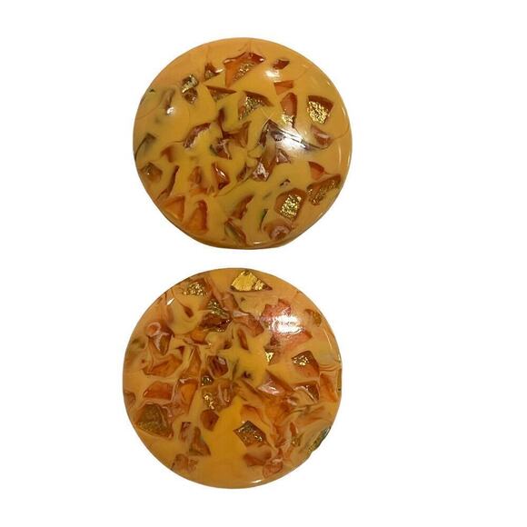 Title Unknown Jewelry - Vintage Gold Fleck Lucite Clip On Earrings Large Statement Cream Discs 1950-60s